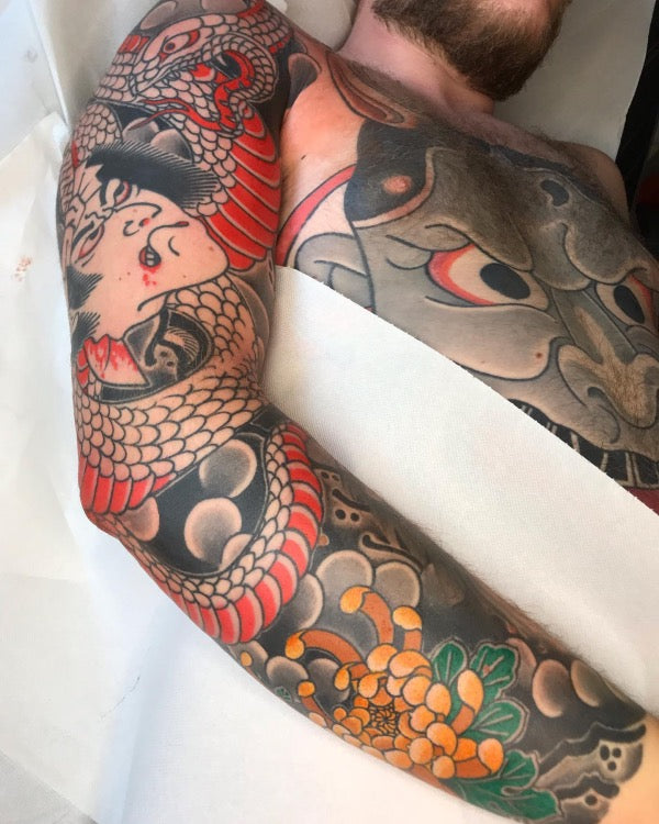 Kevin Bledsoe : Tattoos : Fantasy : Japanese Dragon Head leg tattoo